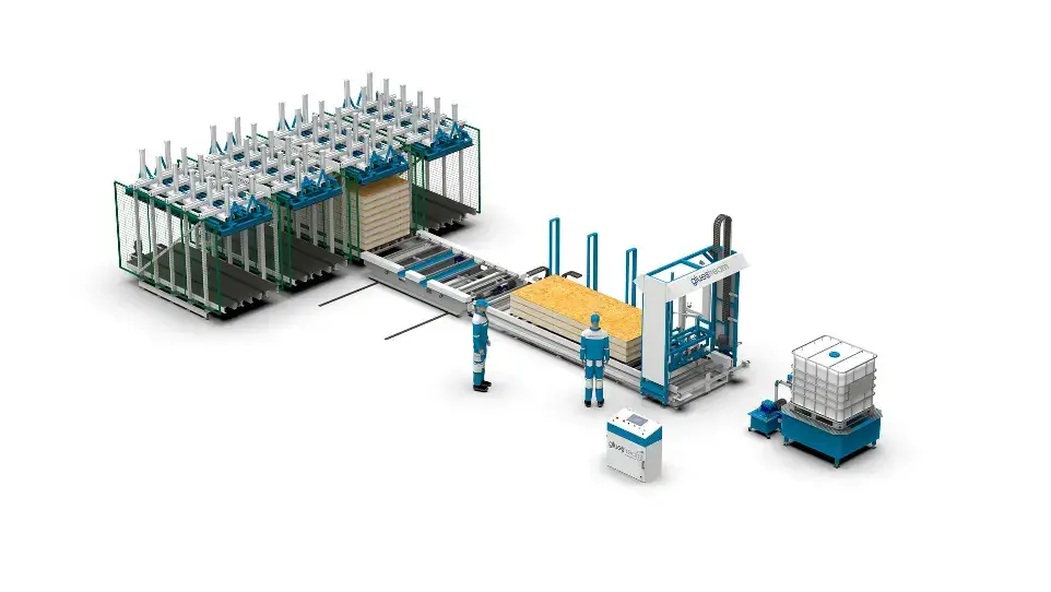 Equipo Gluestream. Línea de producción de paneles sándwich SPL-10M con cuatro prensas