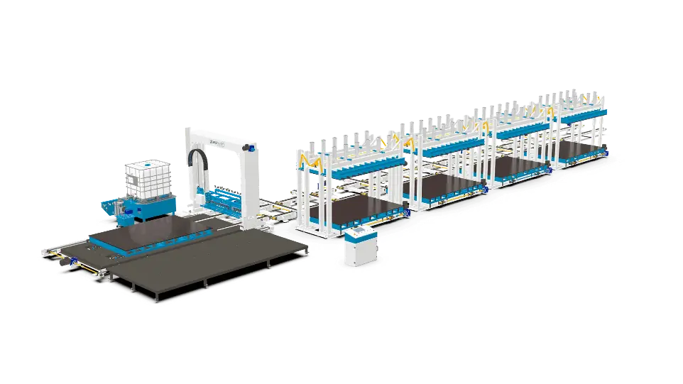 Équipement Gluestream. Ligne de production de panneaux sandwich en PVC ASPL 10-M quatre presses panneaux