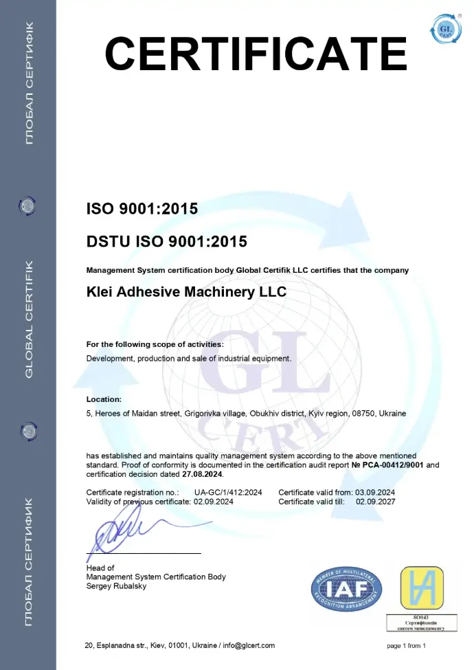 Gluestream equipment. Certificate ISO 9001 eng