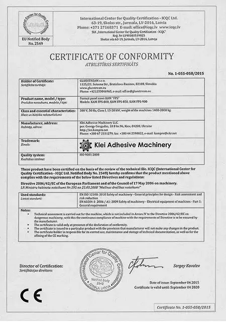 Gluestream equipment. Certificate 7