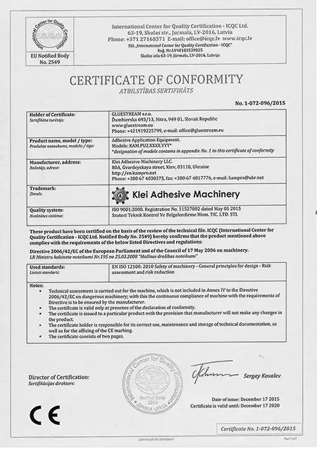 Gluestream equipment. Certificate 8