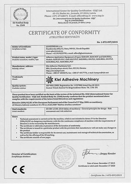 Gluestream equipment. Certificate 6