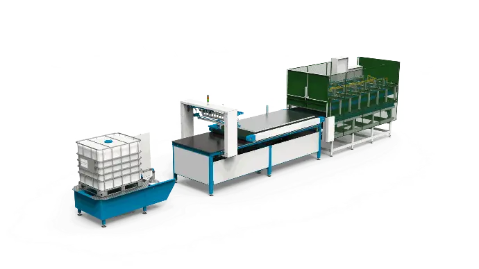 Gluestream-Ausrüstung. Einkomponenten-PUR-Klebstoffextruder SPL-9 BC mit Förderband und beheizter Presse