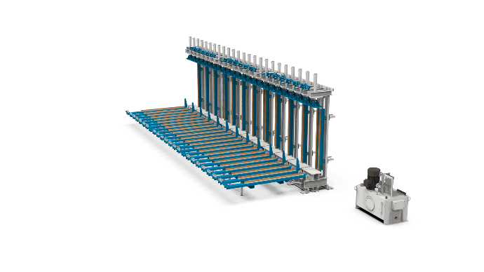 Hydraulic press with automatic lifting traverse platform. Glulam beams.